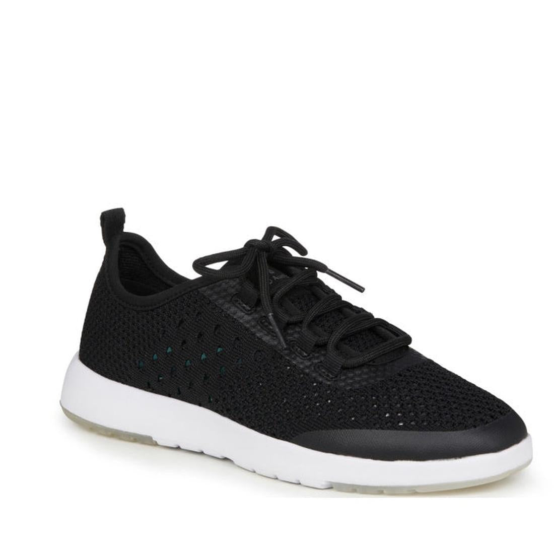 EMU NZ Emu Women's Miki Knitted Wool Sneakers, black, offer comfy lace-up closure, mesh upper, easy-on heel tab, and sturdy white sole.  ksnz