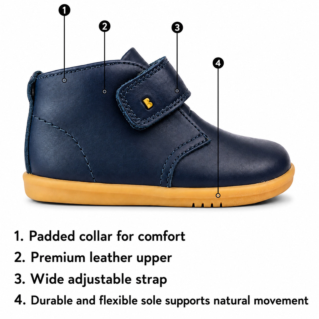 Bobux Step Up Desert Ankle Boot Midnight Blue—soft leather boot for first walkers with comfy padded collar, tan sole, wide velcro straps.  ksnz