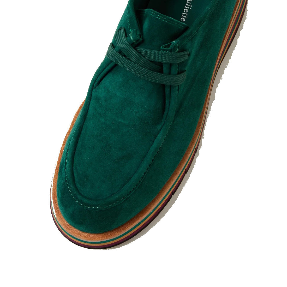A close-up of the Django & Juliette Gnota Forest Green Lace Up Moc Platform Shoe, featuring suede, matching laces, a brown-tan layered sole, and toe stitching—ideal for those who love stylish casual leather footwear., 51567, 4434754548116, 4434754548123, 