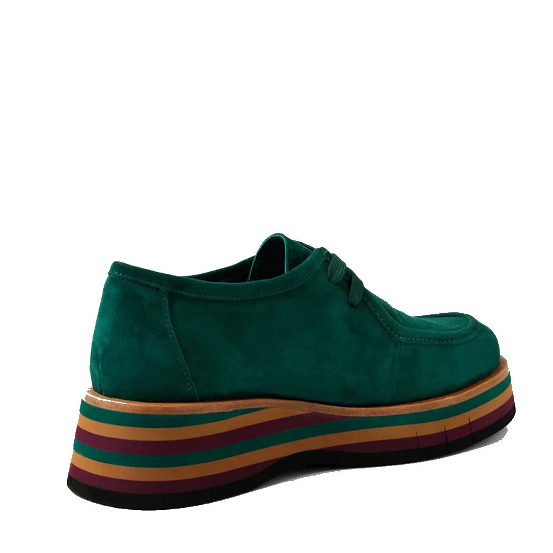 The Django & Juliette Gnota Forest Green Lace Up Moc Platform Shoe features suede uppers, a thick layered sole with black, orange, and brown stripes. Shown from the rear side against a plain white background., 51567, 4434754548116, 4434754548123, 44347545