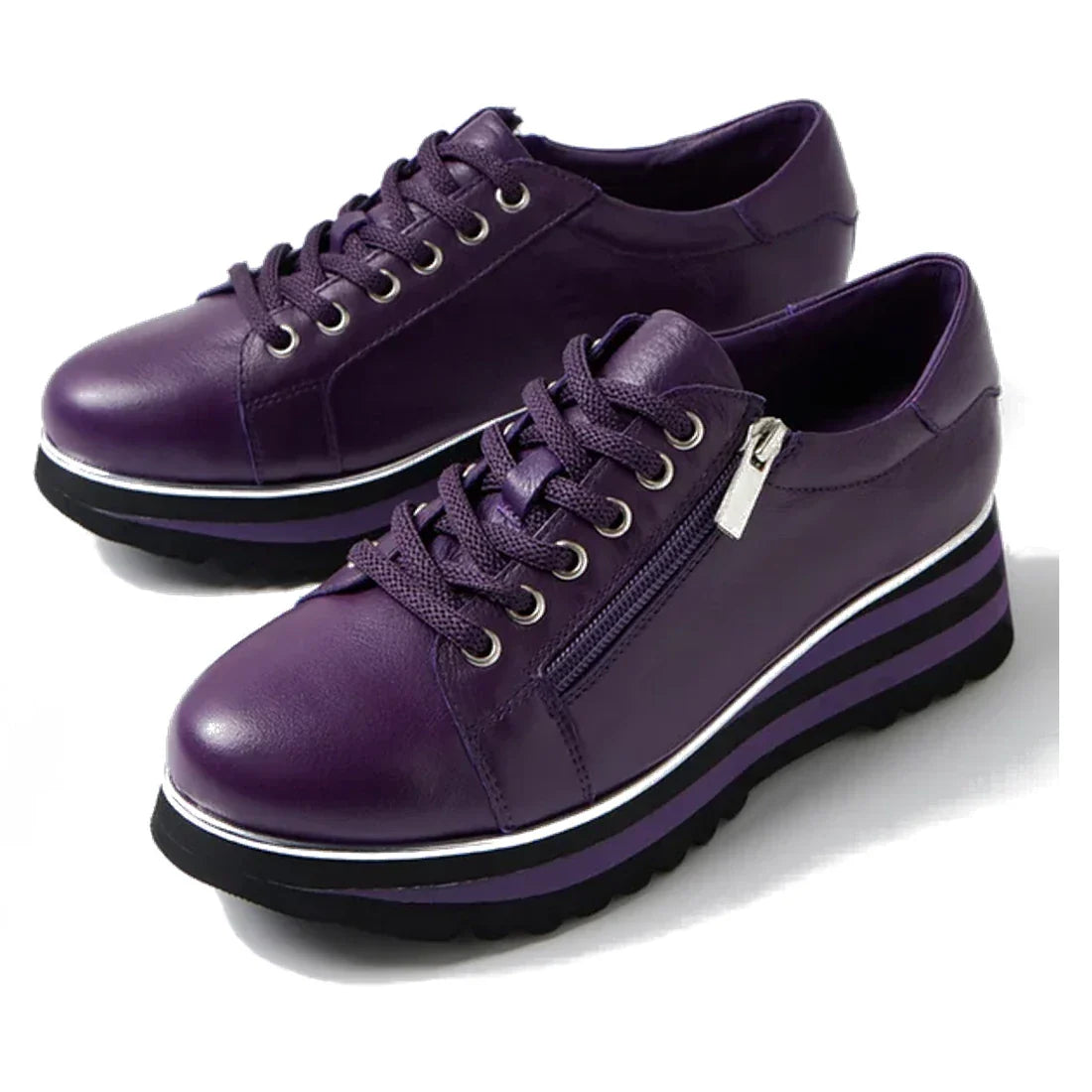 Django & Juliette Eammes women's platform shoes in purple and black leather with lace-up closure, side zips, and striped soles.  ksnz