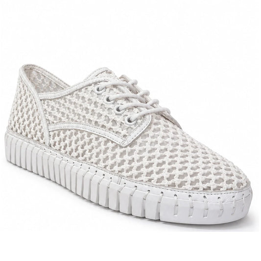 The Django & Juliete Hamburger White Syn Raffia Leather Sneakers feature a woven textured upper, white laces, a chunky ridged sole, and a subtle geometric pattern for stylish everyday comfort.