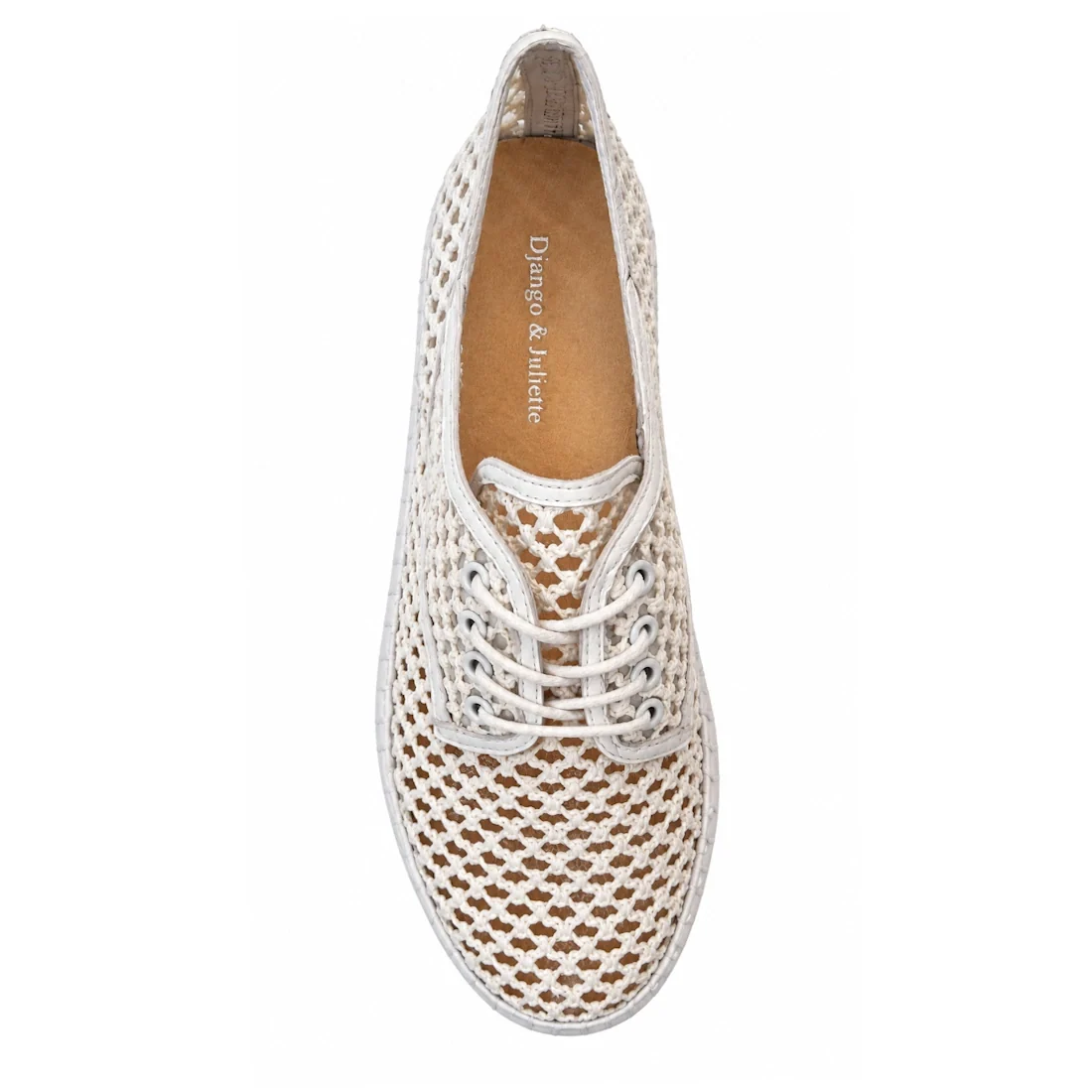Top view of Django & Juliete Hamburger White Syn Raffia Leather Sneakers with a woven, breathable lace-up design, tan insole, and logo printed on the insole.