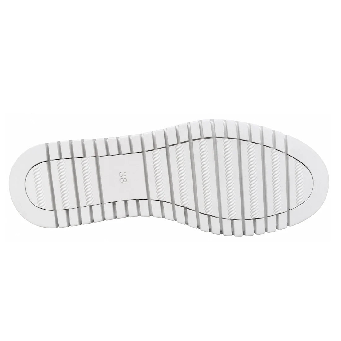 White sneaker sole with horizontal grooves and ridges, viewed from the bottom. The number 38 is printed near the center—perfect for Django & Juliete Hamburger White Syn Raffia Leather Sneakers.