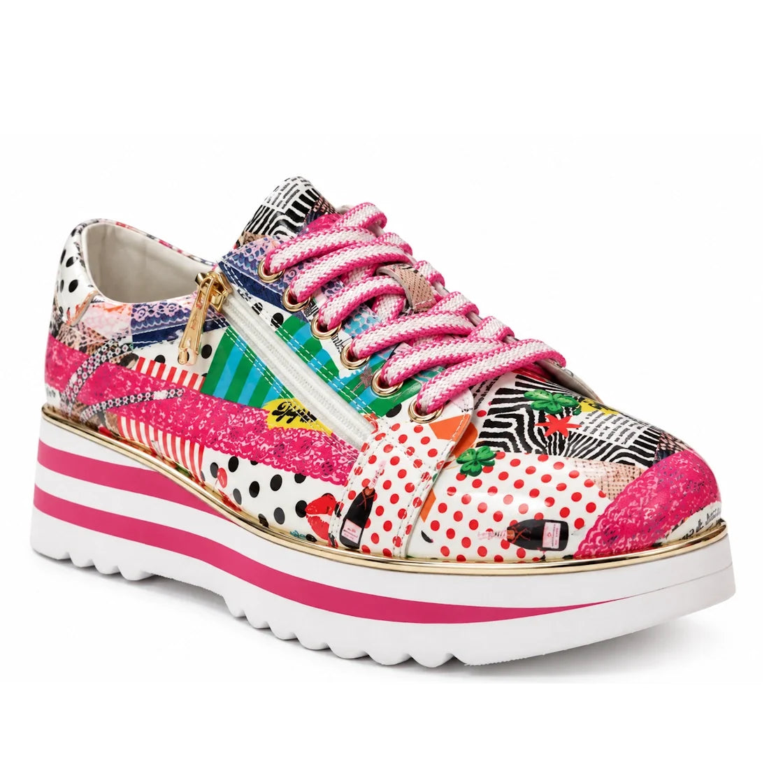 The Django & Juliette Eammes Collage Patent Leather Platform Shoe Women’s features vibrant prints, pink laces, gold zipper trim, and a chunky white sole with bold pink stripes for standout style.