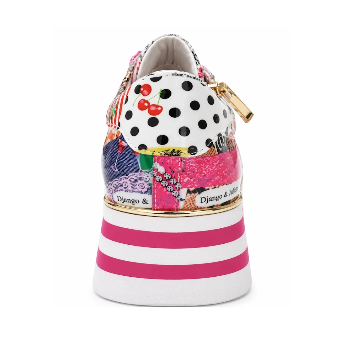 Back view of Django & Juliette Eammes Collage Patent Leather Platform Shoe Women’s in colorful polka dots, cherries, gold accents, and mixed patterns. Features a bold pink-and-white striped platform sole and side branding.