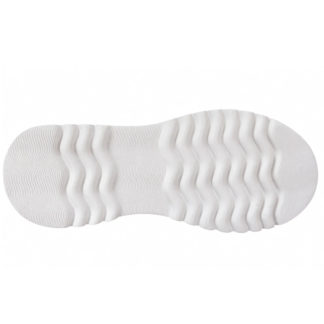 White sneaker sole with a wavy, ridged texture viewed from the bottom—ideal for the Django & Juliette Eammes Collage Patent Leather Platform Shoe Women’s.