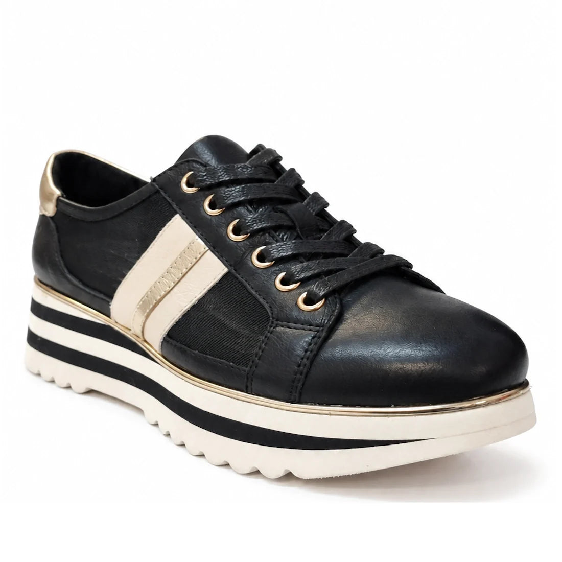 The Django & Juliette Eminta Platform Shoe Sheer Leather Black Milk Lace Up features black lace-up design, sheer side panels, beige and gold accents, two beige stripes, and a thick striped white and black wavy sole.