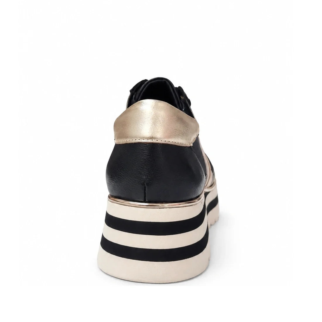A rear view of the Django & Juliette Eminta Platform Shoe Sheer Leather Black Milk Lace Up, showing black and gold details, sheer side panels, and a thick white and black chunky platform sole against a white background.