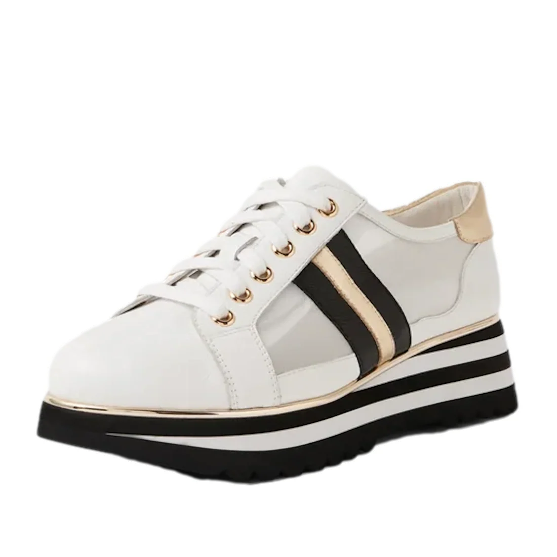 The Django & Juliette Eminta Platform Shoe is a white women’s lace-up sneaker featuring gold eyelets, black and gold side stripes, sheer leather side panels, and a bold black-and-white striped platform sole.