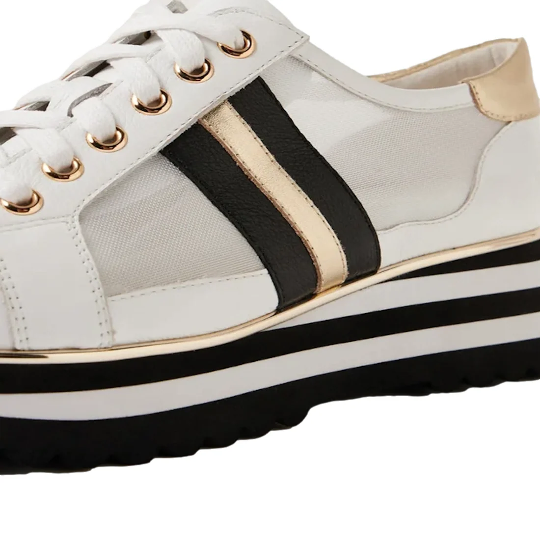Introducing the Django & Juliette Eminta Platform Shoe: a white leather women’s sneaker with black laces, gold and black accent stripes, gold eyelets, and a thick platform sole featuring black, white, and gold layers. This stylish lace-up design also incl