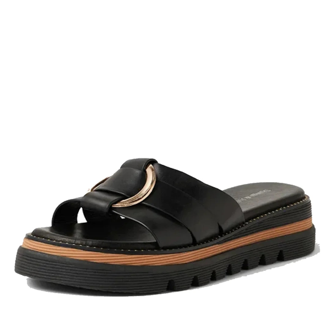 Effortlessly elevate your collection of women’s leather slides with the Django & Juliette Scoop Platform Slide in Black, featuring a thick platform sole with tan trim, a gold decorative buckle on the leather upper, and a chunky tread pattern for both styl