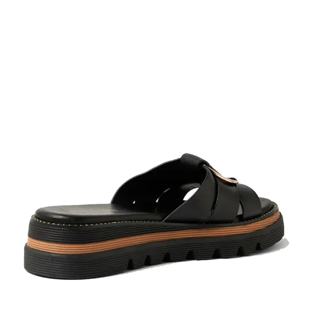 The Django & Juliette Scoop Platform Slide Black features thick crossed black leather straps, a chunky black sole with a brown accent stripe above it, and is shown from the back and side—these chic platform slides effortlessly combine comfort and style fo