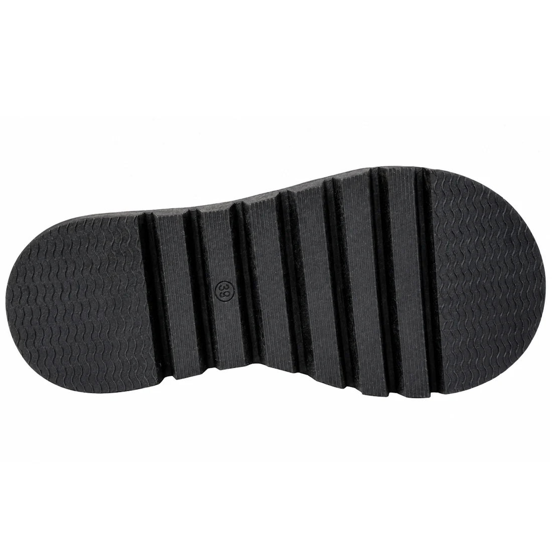 The Django & Juliette Shuua Platform Flip Flop Black Tan Zebra features a black sole with five thick striped grooves and a textured edge, shown from the bottom against a white background.