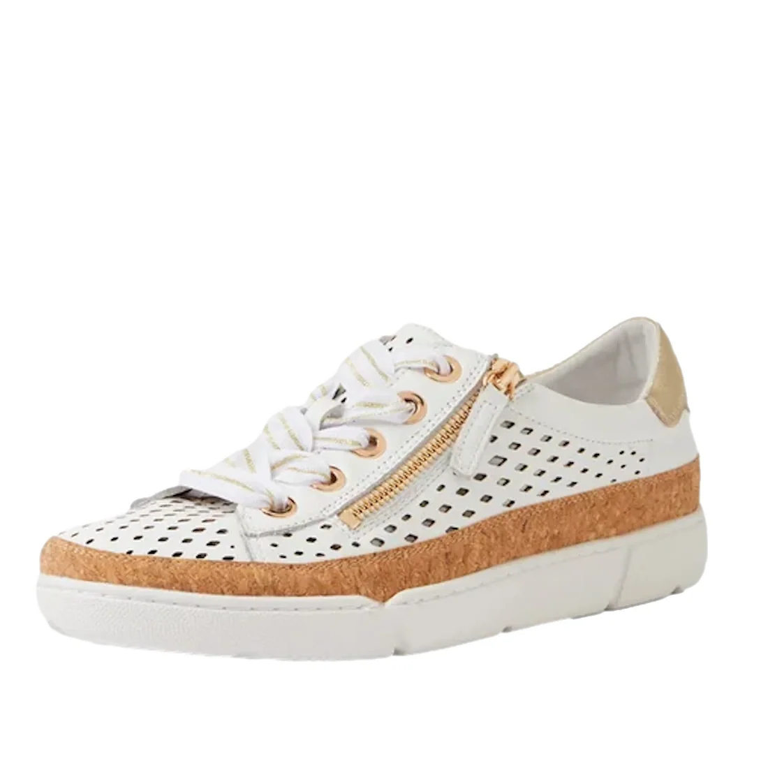 Django & Juliette Torque Womens Cut Out White Pale Gold Multi Brogues feature perforated sides, a gold zipper, tan cork trim, white laces, and a white rubber outsole—shown facing left on a plain white background.