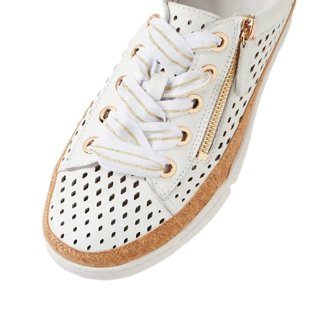 Django & Juliette Torque Womens Cut Out White Pale Gold Multi Brogues feature perforated cut-outs for breathability, gold eyelets, white laces with gold stripes, a side zipper, and tan trim for chic everyday style.