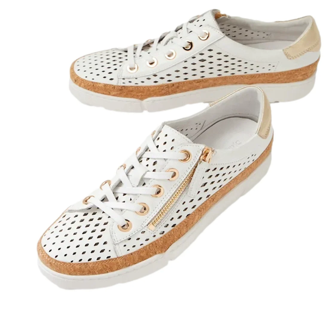 Two Django & Juliette Torque Womens Cut Out White Pale Gold Multi Brogues with perforated uppers, tan heel details, cork accents, gold eyelets and zipper, plus white laces and soles.