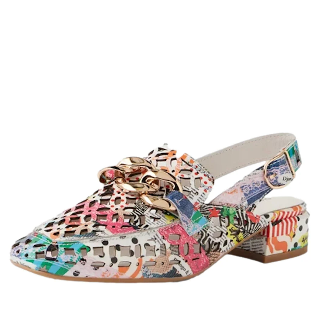 The Django & Juliette Vooper Womens Leather Cut Out Heeled Leather Slingback Collage is a vibrant slingback shoe featuring a multicolored abstract collage pattern, gold chain detail on the upper, perforated leather design, and a small buckle strap at the 