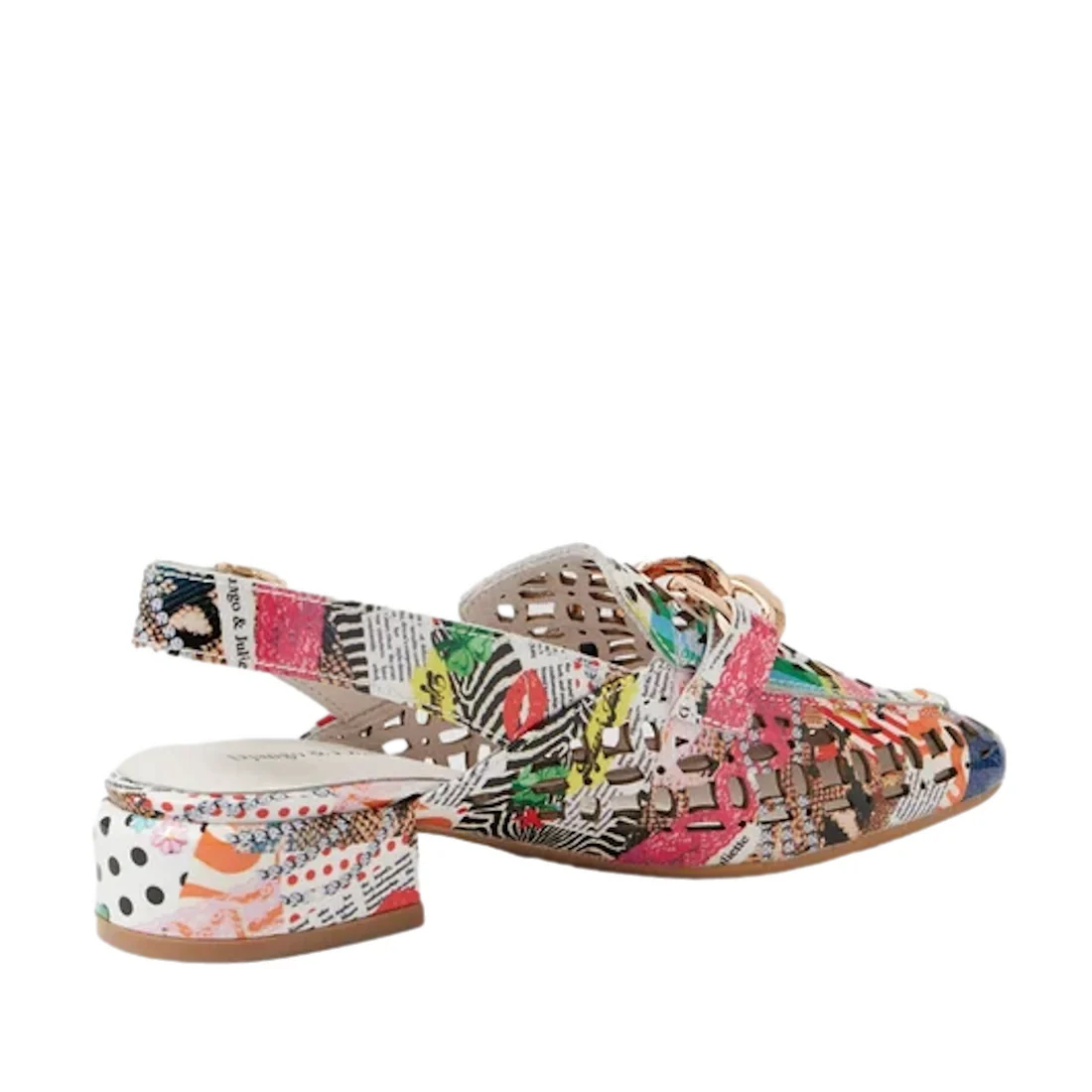 The Django & Juliette Vooper Womens Leather Cut Out Heeled Leather Slingback Collage is a multicolored women’s shoe featuring an open back, low block heel, vibrant collage of patterns including florals and polka dots, and intricate leather cutouts.