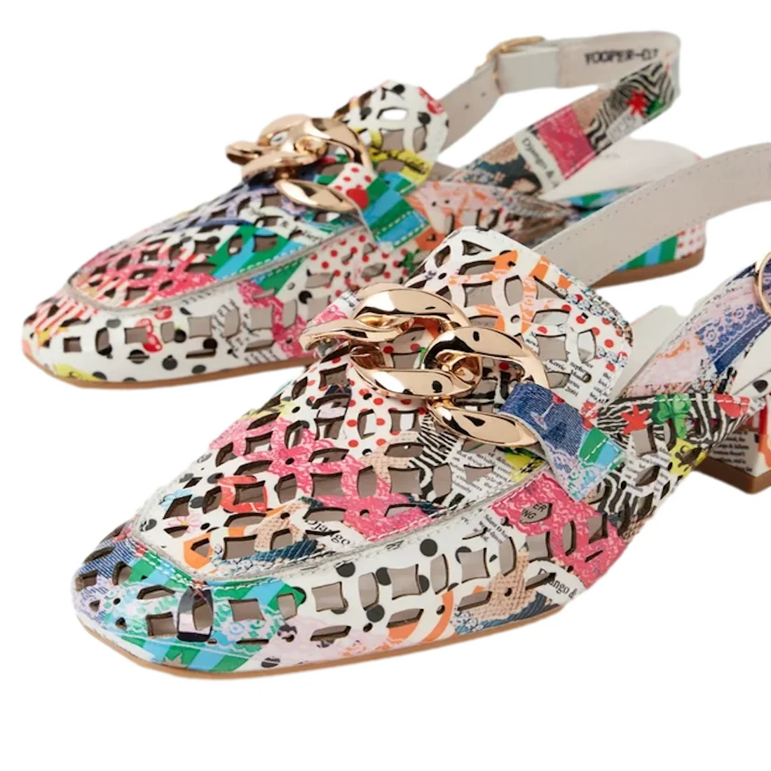 Introducing the Django & Juliette Vooper Women’s Leather Cut Out Heeled Leather Slingback Collage—striking slingbacks crafted in vibrant, patterned leather with a low heel and gold-tone chain detail on the front. These eye-catching heeled shoes feature a 