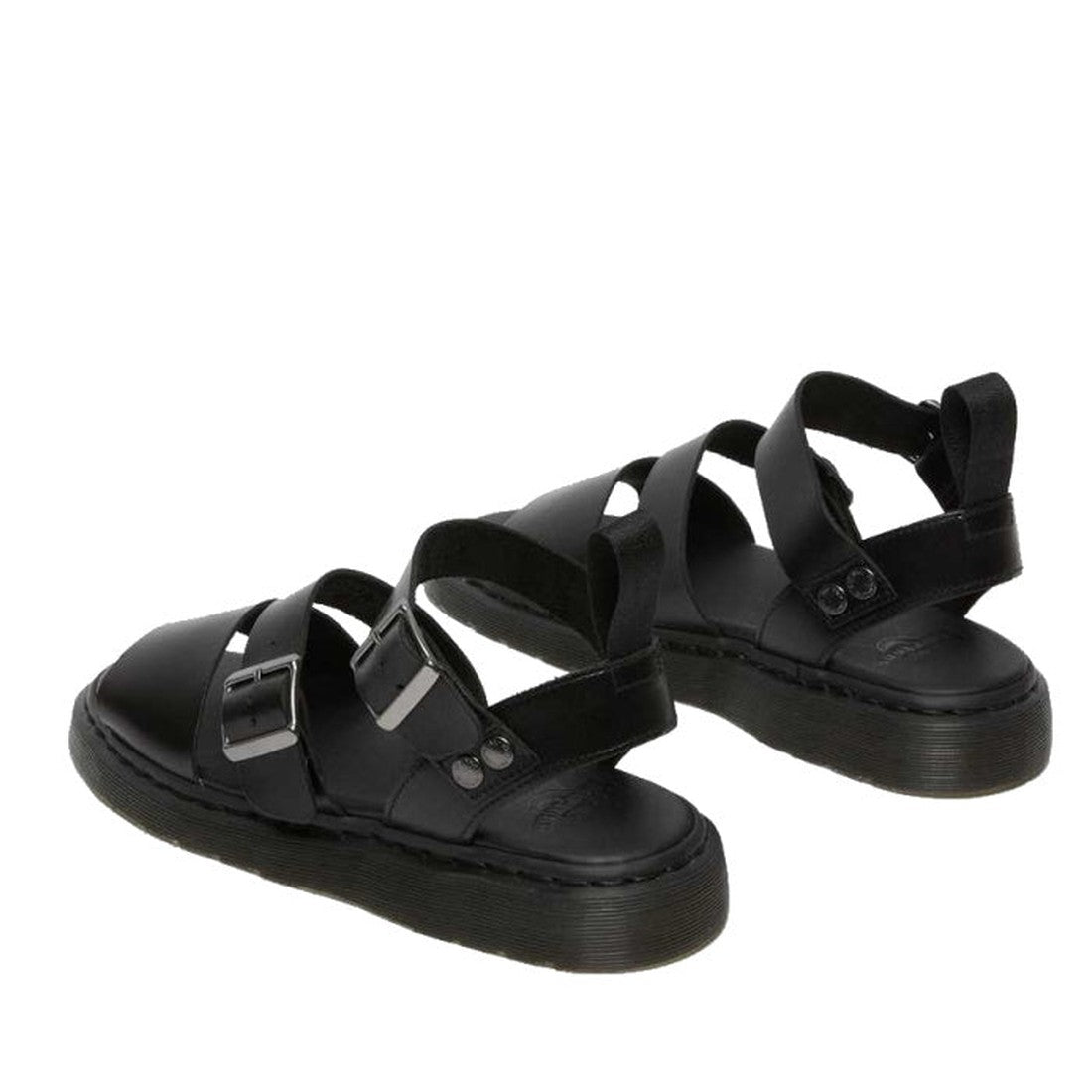 A pair of Dr Martens Gryphon Strap Sandal Black Brando with thick air-cushioned soles, wide leather straps, silver buckles, and an open heel design is displayed on a white background., 883985648982, 883985648999, 883985649002, 883985649019, 883985649026, 