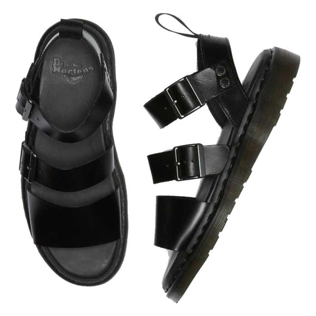 A pair of Dr Martens Gryphon Strap Sandal Black Brando featuring thick air-cushioned soles, two wide leather straps with buckles across the foot, and a heel strap with a back loop., 883985648982, 883985648999, 883985649002, 883985649019, 883985649026, 883