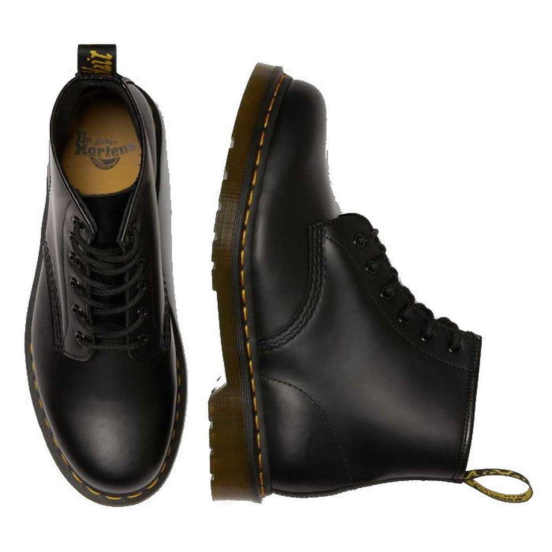 Dr Martens 101 6 Eye Yellow Stitching Boot Black is a kids' lace-up boot in sleek black leather, with yellow stitching and cushioned sole.  ksnz, 190665350715, 190665350722, 190665350739, 190665350746, 190665350753, 190665350760, 190665350777, 190665350784, 190665350791, 190665350807, 190665350814