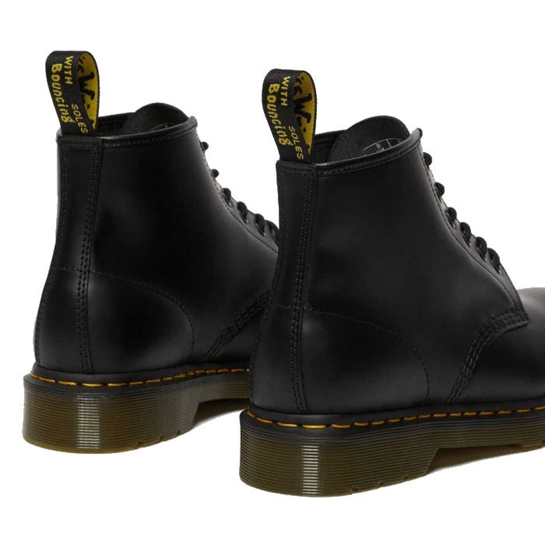 Dr Martens 101 6 Eye Boot in classic black, with smooth leather, signature yellow stitching, air-cushioned sole, and easy lace closure.  ksnz, 190665350715, 190665350722, 190665350739, 190665350746, 190665350753, 190665350760, 190665350777, 190665350784, 190665350791, 190665350807, 190665350814
