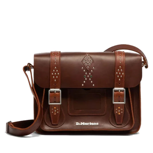 Dr Martens Leather Cross Body Bag in amber tan with sturdy sole, silver rivets and jewels, flap closure, and comfy strap for daily outings.  ksnz