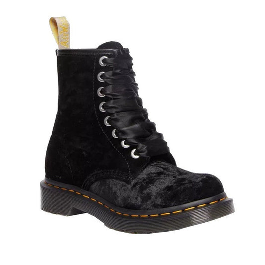 Image of right foot, side on of Dr Martens 1460 Vegan Black Crushed Velvet 8 Eye Boot-Foot Forward Shoes