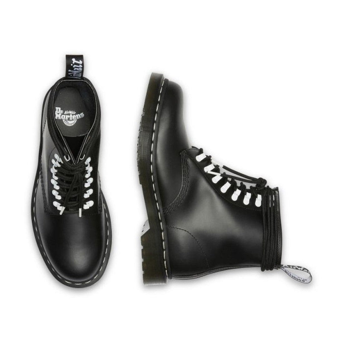 A pair of Dr. Martens 1460 Disrupt Hardware 8 Eye Boot Black White, featuring black smooth leather, white stitching, and black-and-white laces, shown in top and side views on a white background. Goodyear-welted construction included., 22281, 22292, 22293,