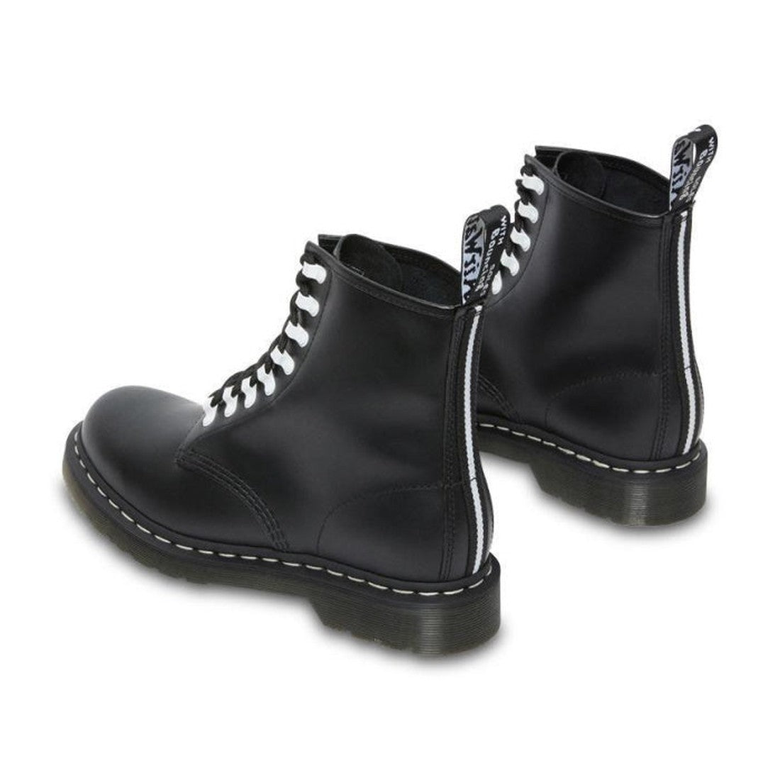 The Dr Martens 1460 Disrupt Hardware 8 Eye Boot Black White features smooth black leather, white stitching, thick rubber soles, and black-and-white pull tabs at the back, displayed against a white background., 22281, 22292, 22293, 190665448887, 1906654488