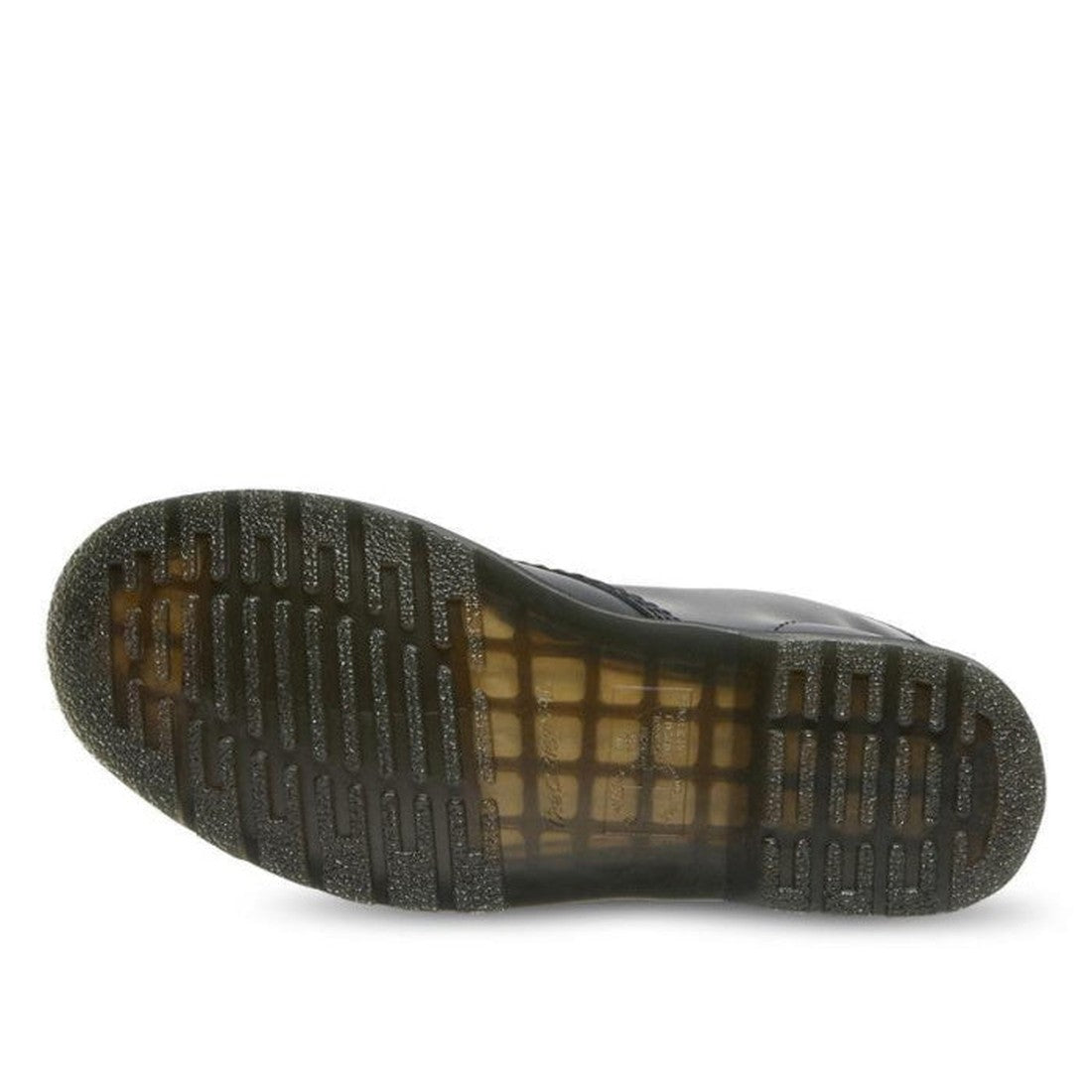 The image shows the sole of the Dr Martens 1460 Disrupt Hardware 8 Eye Boot Black White, featuring black smooth leather and a translucent rubber sole with a grid-like tread pattern for grip and durability., 22281, 22292, 22293, 190665448887, 190665448894,