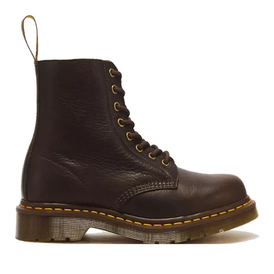 Dr Martens 1460 Dark Brown Ambassador Lace Up Boot made from tumbled leather, showcasing a brown lace-up design with signature yellow stitching around the Goodyear welted sole, thick tread, and a back pull loop.