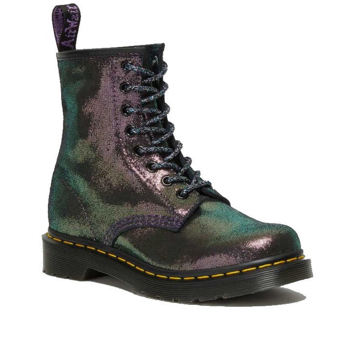 Image of right foot, side on of Dr Martens 1460 Disco Iridescent Suede Purple Gold Black LAST ONE wmns 5 uk3-Foot Forward Shoes