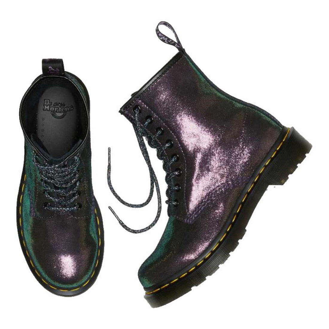 A pair of Dr. Martens 1460 Disco Iridescent Suede Boots in purple, gold, and black (women’s 5/UK 3), shown from top and side view with glittery finish, black soles, yellow stitching—perfect for a standout look., 190665438895, 190665438901, 190665438918, 1