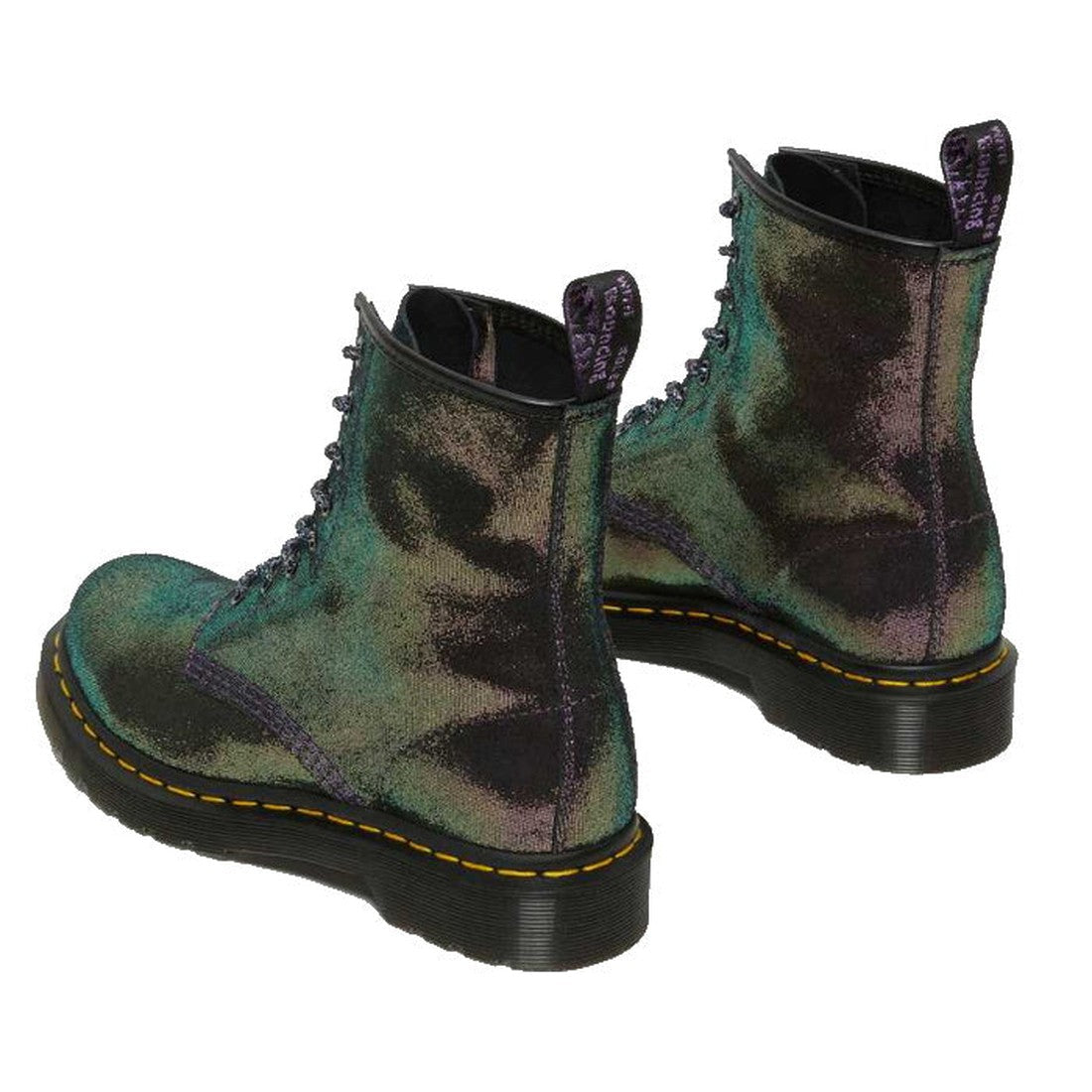 A pair of Dr Martens 1460 Disco Iridescent Suede Purple Gold Black boots (wmns 5, uk3) with black soles, yellow stitching, and black laces shown from the back and side on a white background., 190665438895, 190665438901, 190665438918, 190665438925, 22819, 