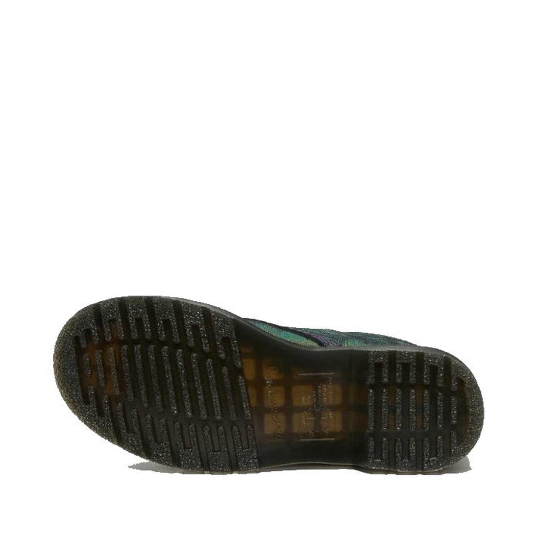 Close-up of the bottom sole of the Dr Martens 1460 Disco Iridescent Suede Purple Gold Black (wmns 5, UK3), showing its textured, grooved tread pattern against a plain white background., 190665438895, 190665438901, 190665438918, 190665438925, 22819, 190665