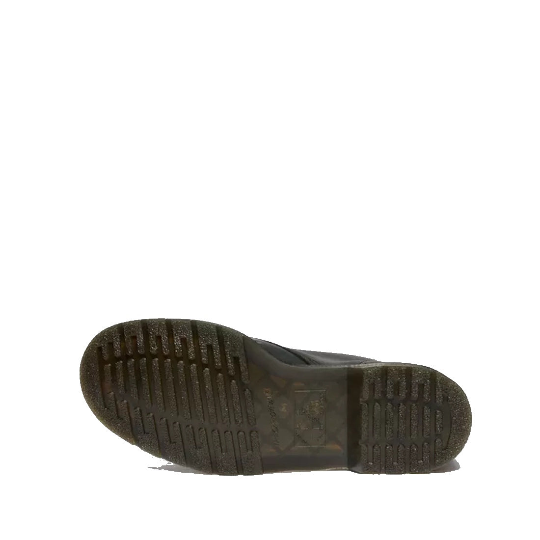 The sole of the 1460 Dr. Martens Smooth EverGreen Leather 8 Up Boot with green leaves on a black background is shown from below, highlighting its Goodyear-welted air-cushioned deep tread and Dr. Martens logo.