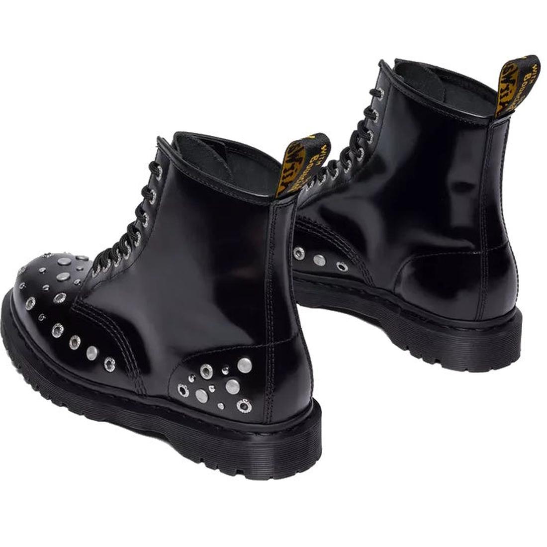 The Dr Martens 1460 Hardware HDW Buttero Leather Boot Black features shiny black leather, lace-up fronts, metal eyelet details on the toe and sides, Goodyear welted thick black soles, and yellow logo pull tabs at the back., 49862, 190665797572, 1906657975