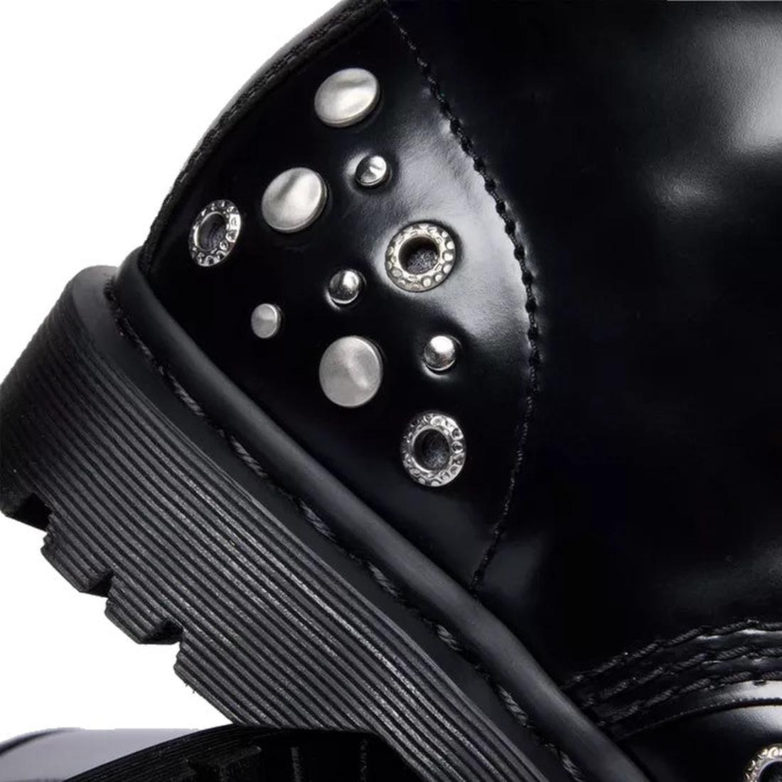 Close-up of the Dr Martens 1460 Hardware HDW Buttero Leather Boot in black, featuring round metallic studs, eyelets at the heel, a textured rubber sole, shiny Buttero leather, and sturdy Goodyear welted construction., 49862, 190665797572, 190665797589, 19