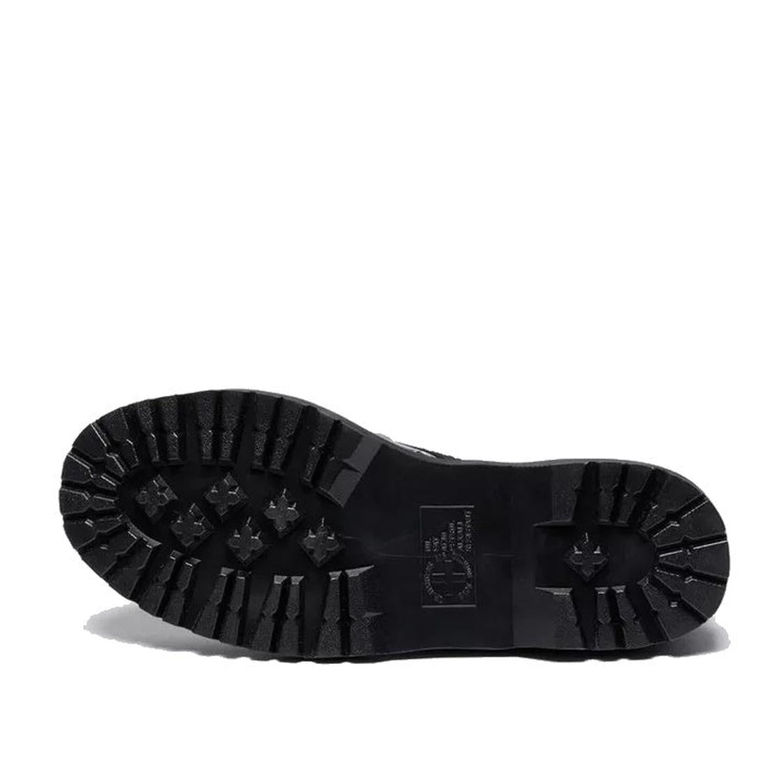 The Dr Martens 1460 Hardware HDW Buttero Leather Boot Black is shown sole-up, revealing a rugged tread with rectangular and cross-shaped grips for traction. Goodyear welt construction stands out sharply against the plain white background., 49862, 19066579