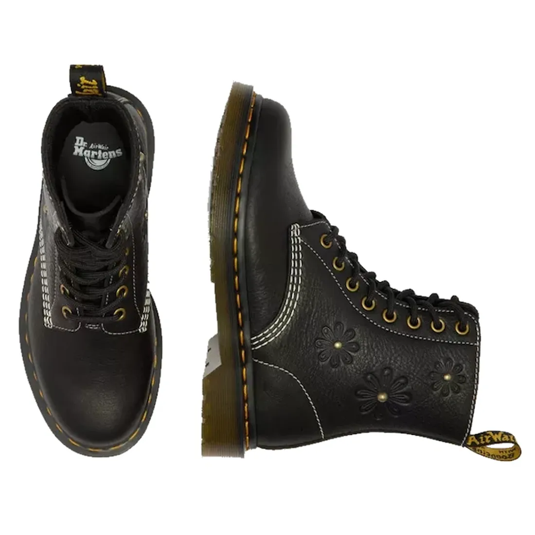 Top and side views of the Dr. Martens Women's 1460 Pascal Flower Black Grizzly Leather Boot, with yellow stitching, black laces, embossed floral patterns on the sides, and a translucent brown sole with a branded pull tab., 52216, 190665781137, 19066578114