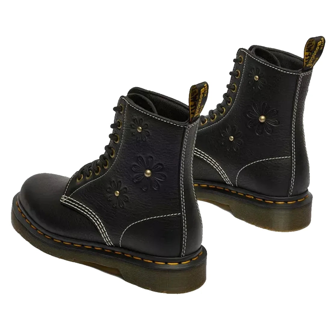 The Dr. Martens Women's 1460 Pascal Flower Black Grizzly Leather Boot features embossed floral patterns, yellow stitching, thick translucent soles, and branded back pull tabs, inspired by the classic 1460 Flower design., 52216, 190665781137, 190665781144,