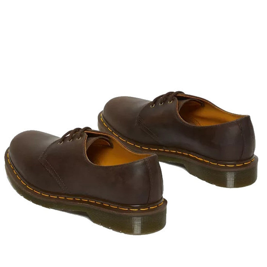 Dr Martens - 1461 Crazy Horse Oxford Shoe 3 Eye in dark brown, featuring yellow stitching, thick translucent rubber soles, and a low-top design, shown from back and side views., 33438, 800090826708, 800090826722, 800090798135, 800090798159, 800090798166, 