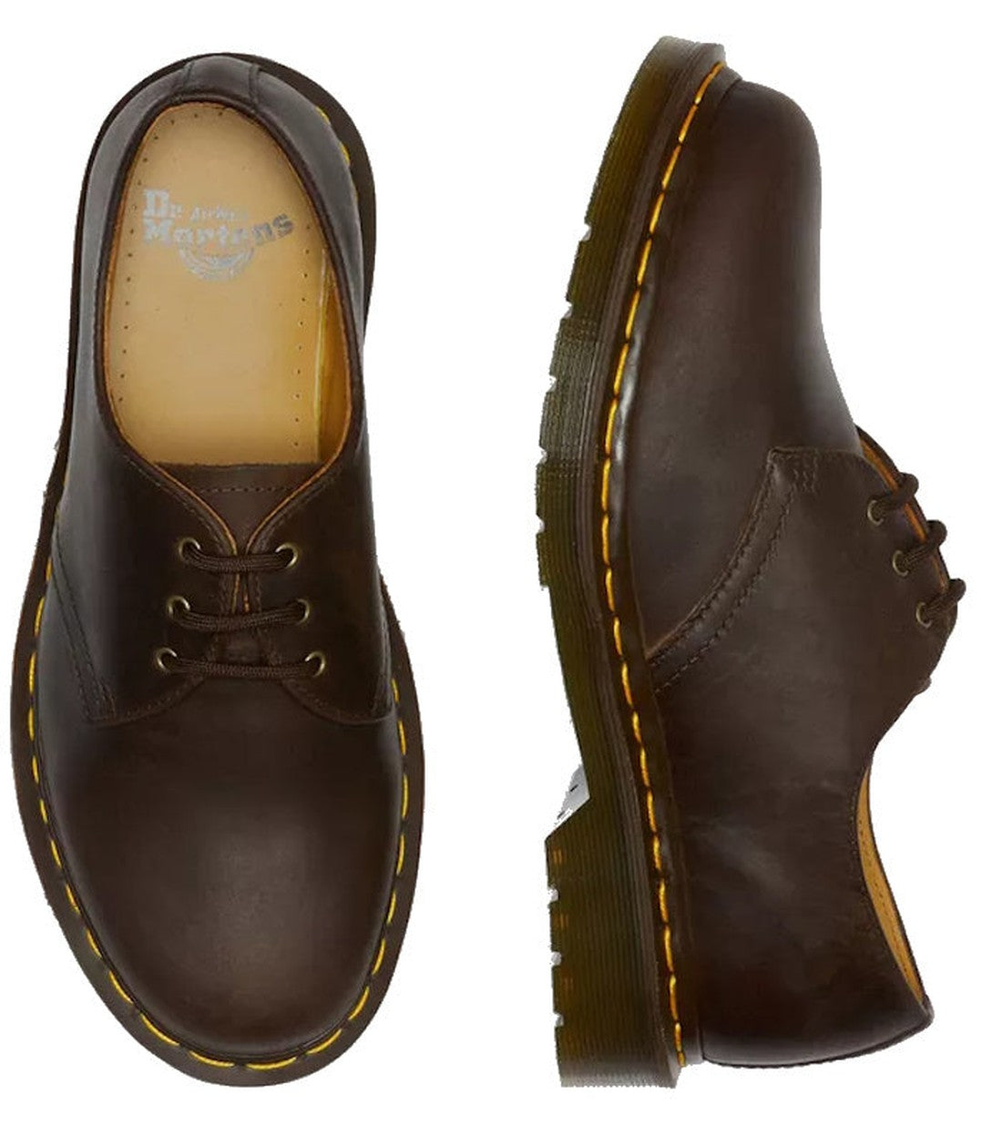A pair of Dr Martens - 1461 Crazy Horse Oxford Shoe 3 Eye in dark brown, with yellow stitching and thick rubber soles, displayed from the top and side on a white background., 33438, 800090826708, 800090826722, 800090798135, 800090798159, 800090798166, 800