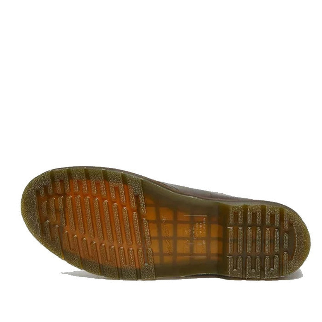 A close-up of the bottom of the Dr Martens 1461 Crazy Horse Oxford Shoe 3 Eye in Dark Brown highlights its translucent rubber sole with horizontal and vertical grip patterns, set against a white background., 33438, 800090826708, 800090826722, 800090798135