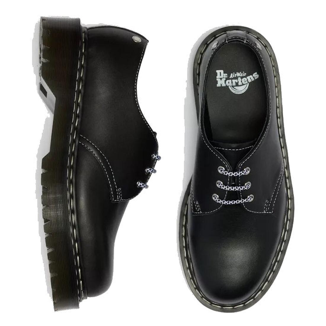 A pair of Dr. Martens 1461 Bex WDS White Stitching Black Sendal Oxford Shoes is shown from the side and top, featuring a chunky Bex platform sole, white contrast stitching, silver eyelets, and a visible brand logo inside the right shoe., 50357, 1906657814