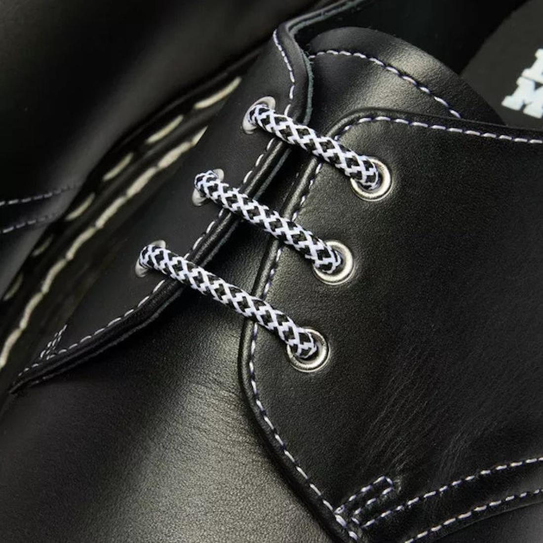 Close-up of the Dr Martens 1461 Bex WDS White Stitching Black Sendal Oxford Shoe, featuring white stitching, black-and-white zigzag laces through four metal eyelets, and a chunky Bex platform sole., 50357, 190665781496, 190665781502, 190665781526, 50362