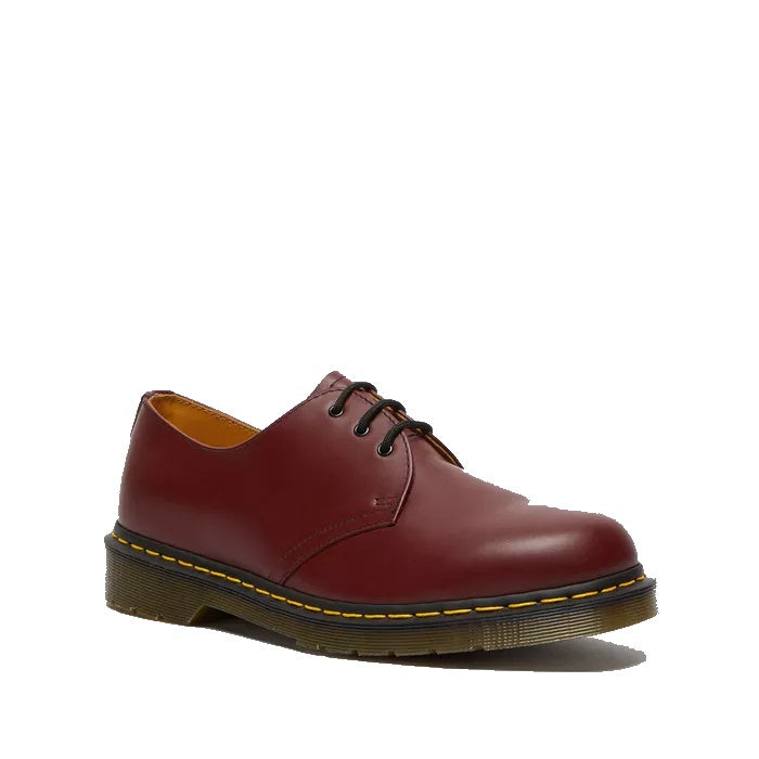 Dr Martens - 1461 Cherry Red Leather Oxford 3 Eye Shoe, with smooth red leather, sturdy black sole, laces, and yellow stitching.  ksnz
